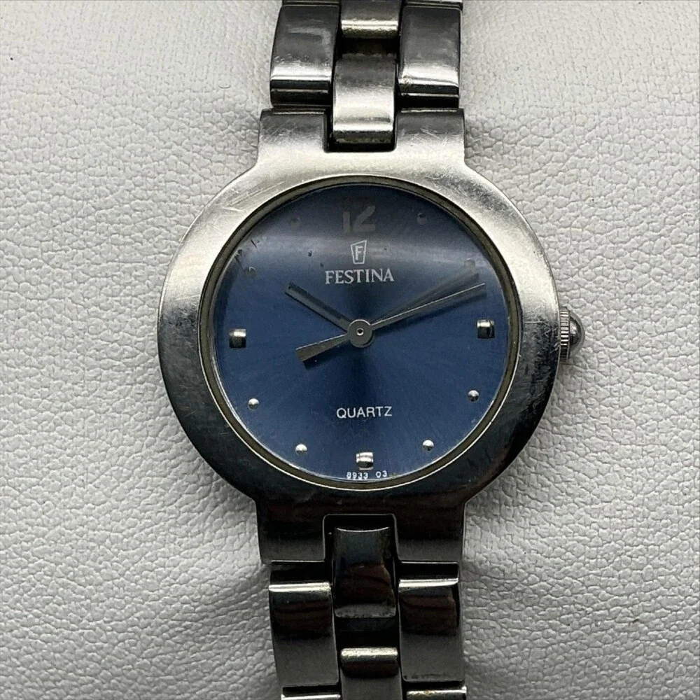 Vintage Festina 8933 Womens Watch 24mm Blue Dial Stainless New Battery 6.25